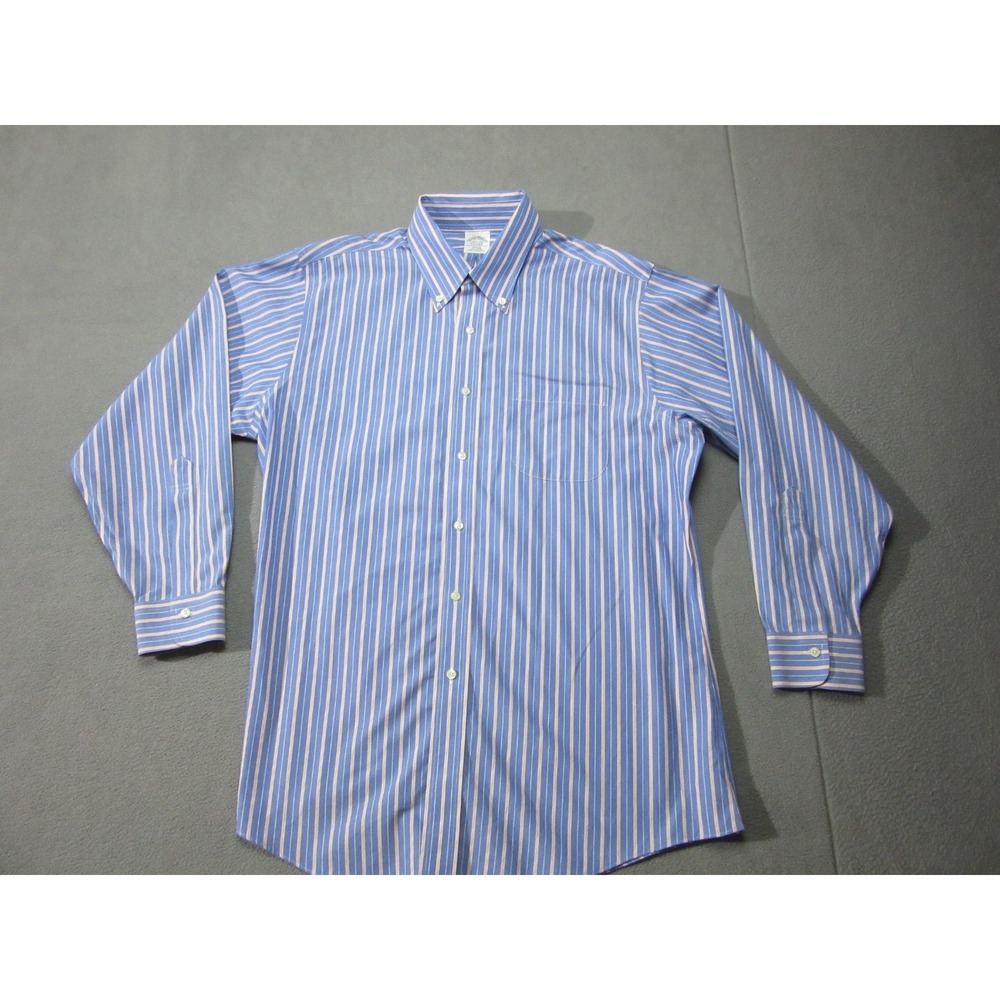 Brooks Brothers Shirt Mens 16.5 33 Blue Striped Original Polo Non Iron Slim